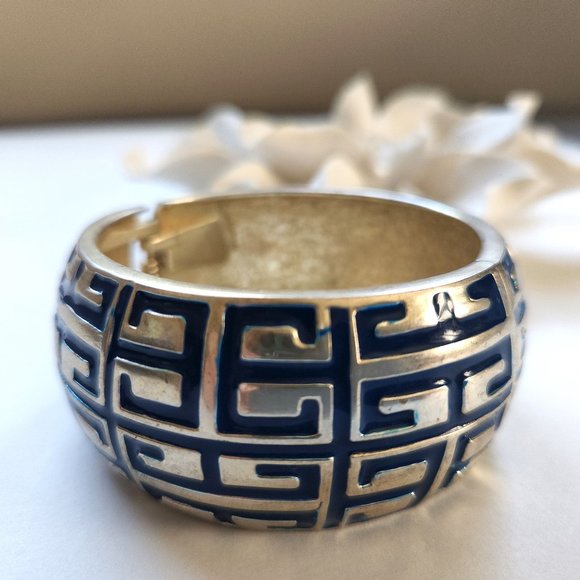 Givenchy Bracelet Blue Gold/Silver Vintage Hinged Wide Cuff 4G Retro - Picture 5 of 7